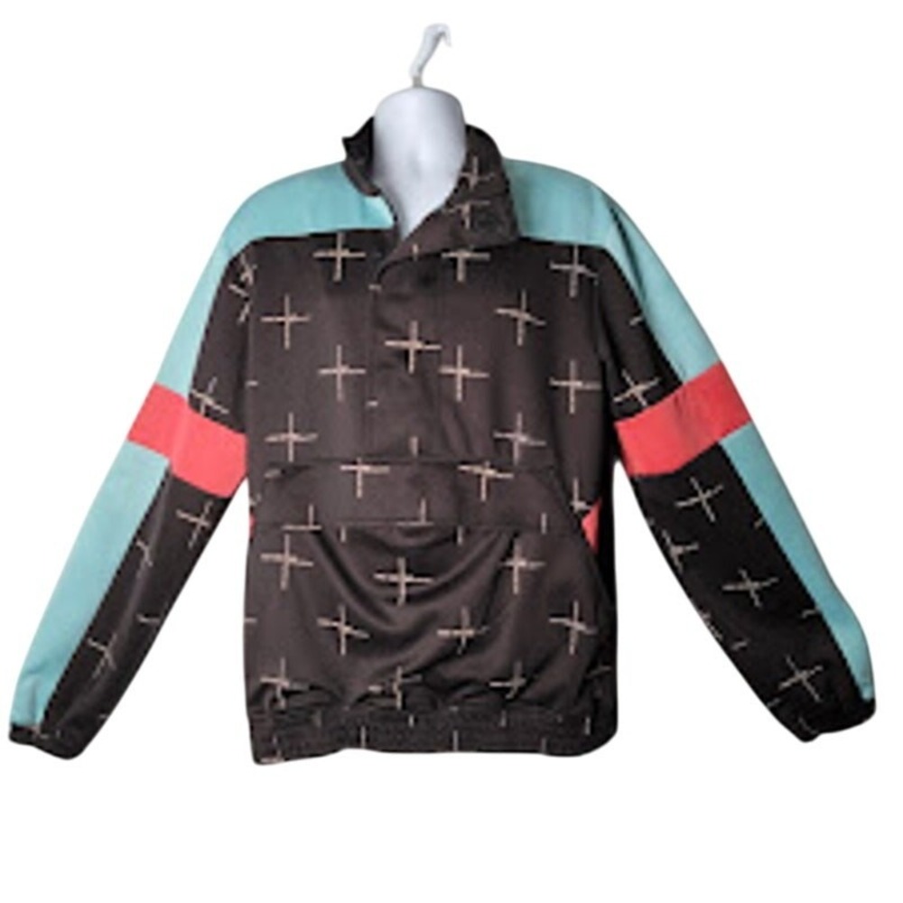 Pink Dolphin‎ Men's L Half Zip Colorblock Pullover Jacket Black Teal Retro Y2K